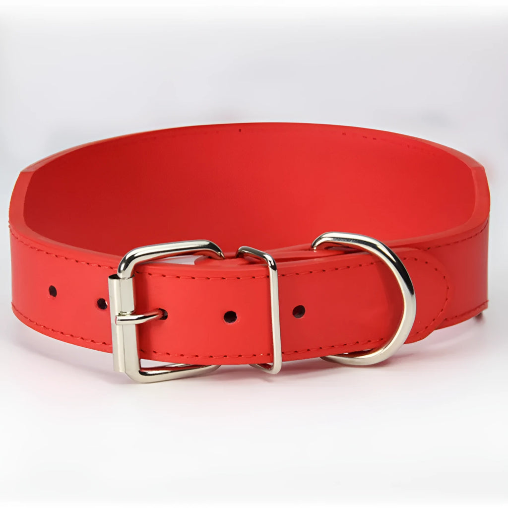 Fish-shaped leather dog collar for large dogs in assorted colours on a white background.
