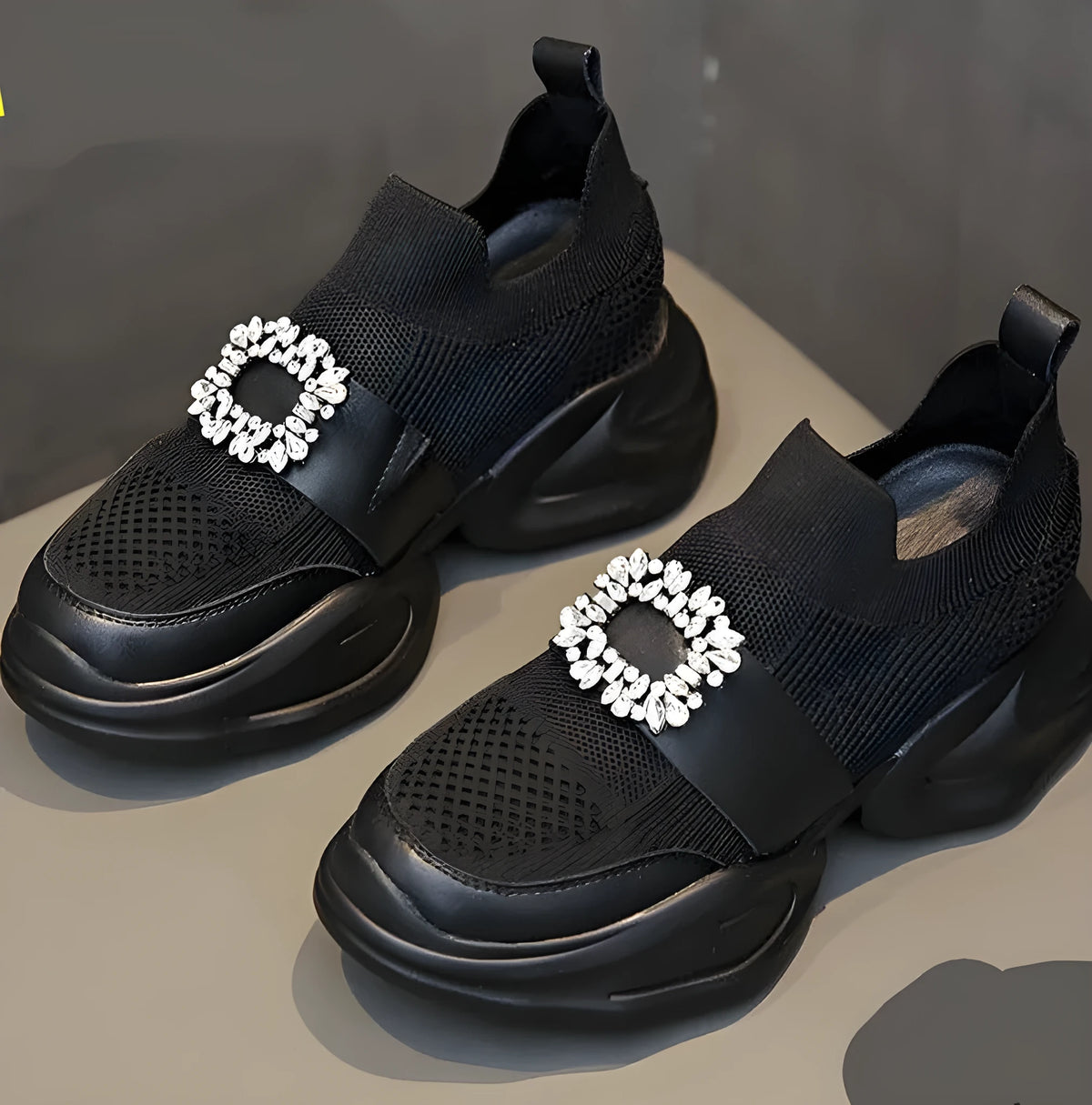 Women's black mesh Baotou half slippers with rhinestone square buckle and PVC sole