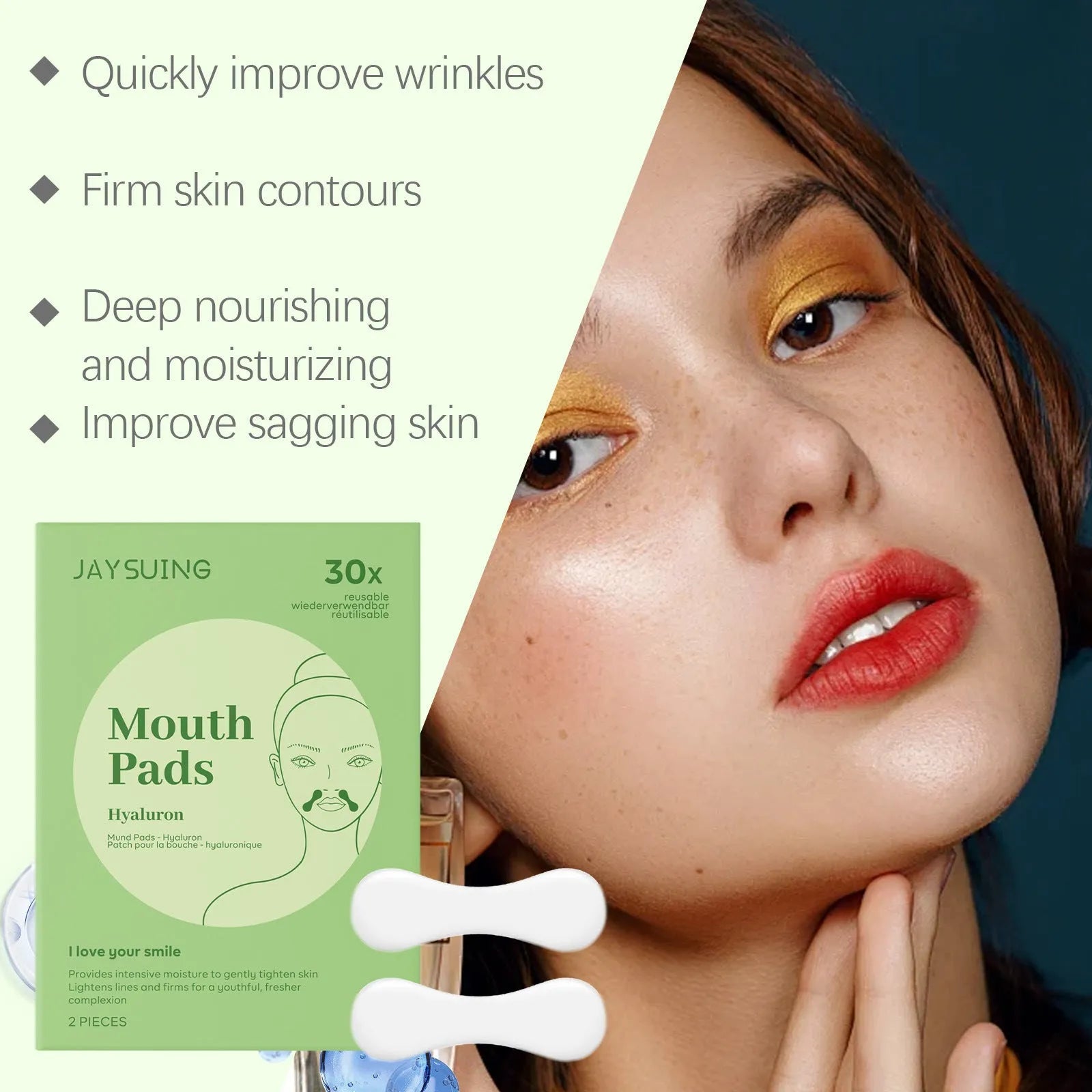Two facial skin firming patches with hyaluronic acid and collagen ingredients