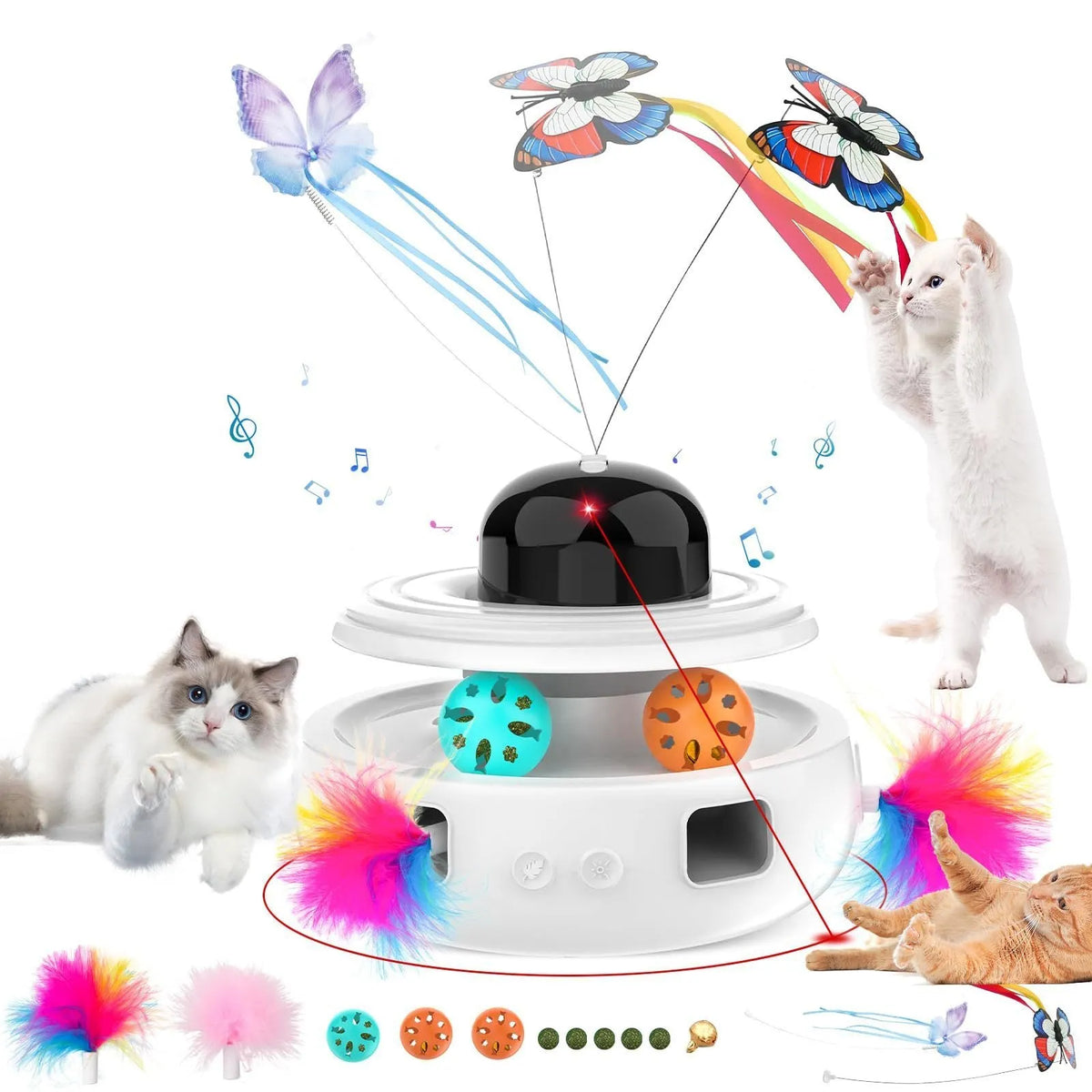 White electric mute cat toy with feather attachment, made of ABS and TPR, for indoor cats.
