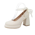 Women's beige Mary Jane shoes with chunky heel and silver ankle strap buckle on a wooden floor.