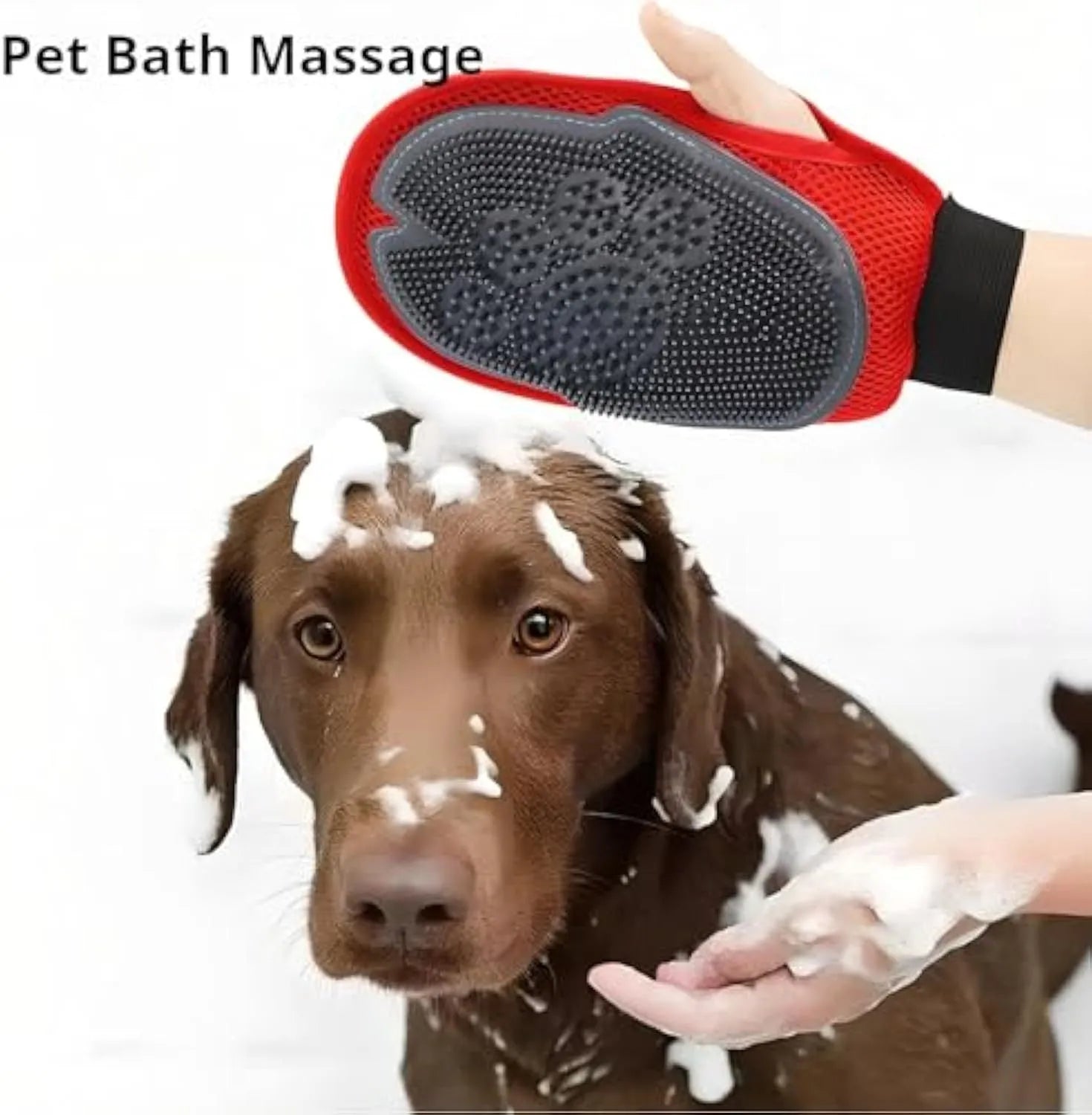 Red pet bathing glove with built-in brush for washing and hair removal
