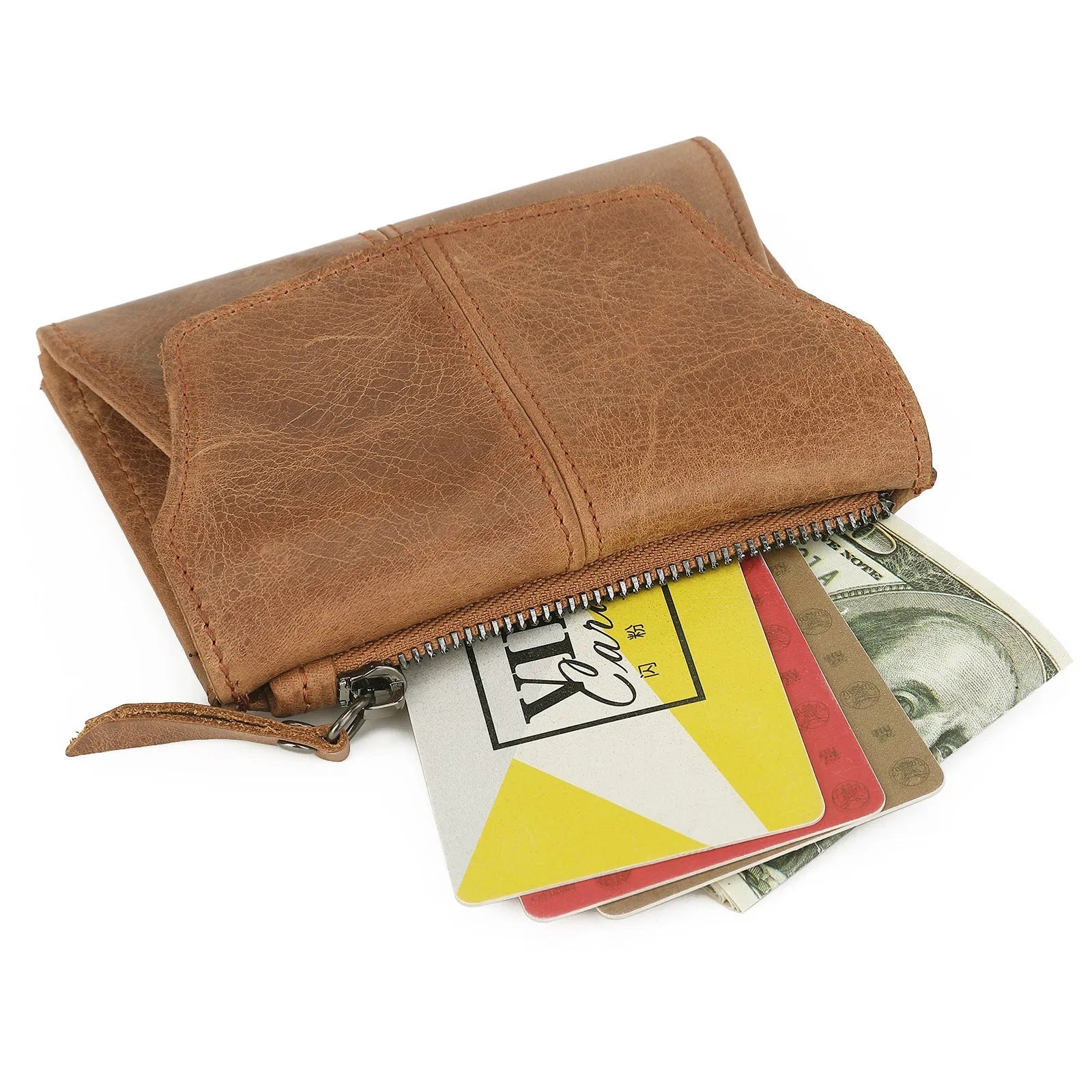 Lockable genuine cowhide leather coin purse in retro style, shown in one of six colours: black, brown, coffee, olive green, red, or navy blue.