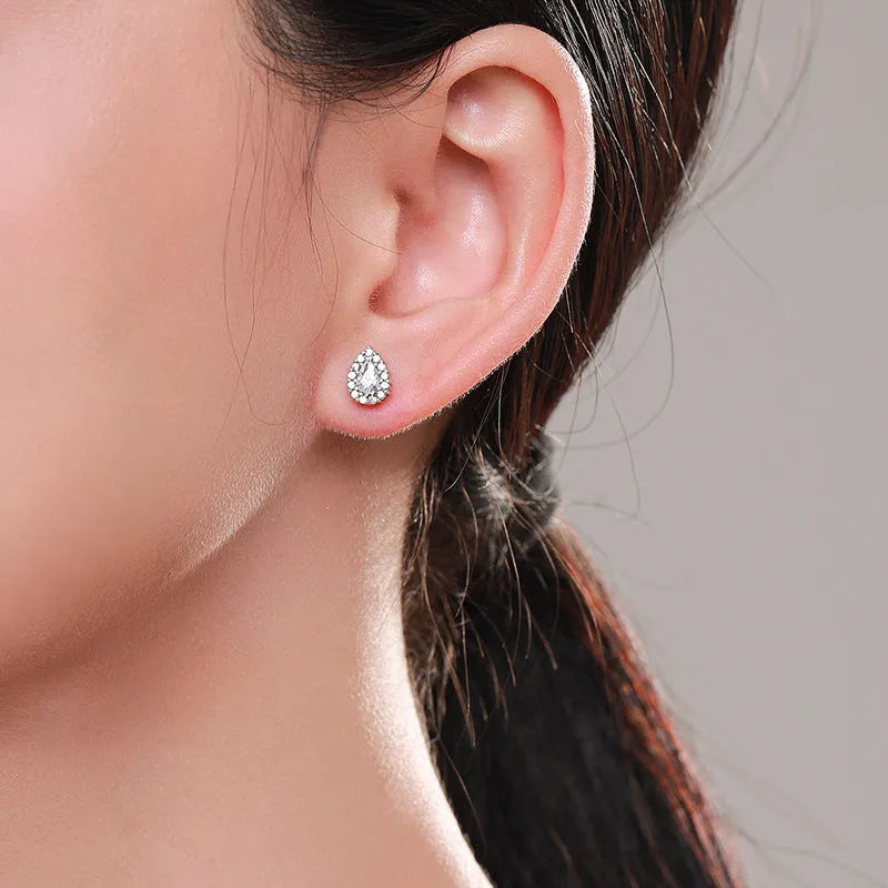 Women's 925 silver water drop ear studs with diamond cut finish