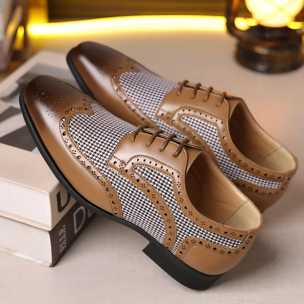 Men's houndstooth pattern casual shoes in square-toe design with lace-up front.