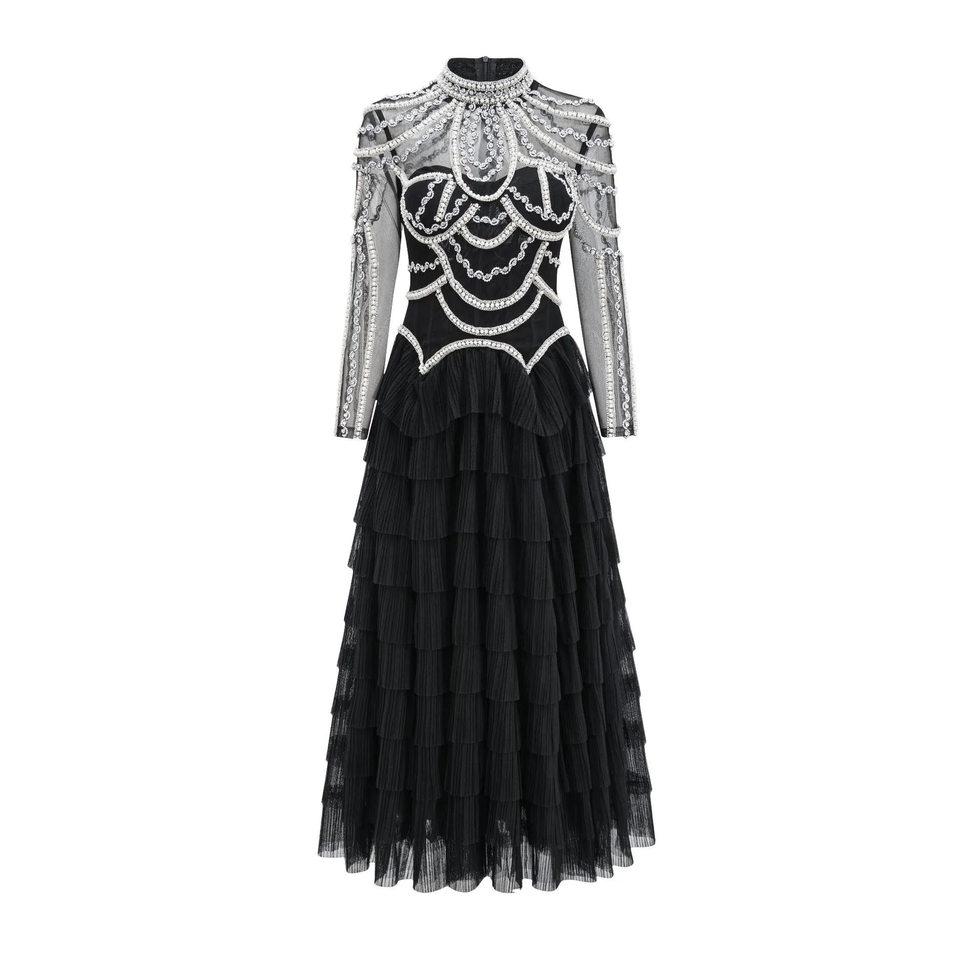 Women's black long sleeve beaded dress with a mid waist and long skirt.