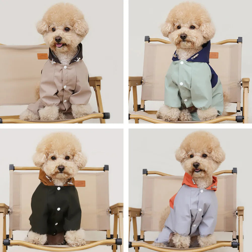 Khaki coloured waterproof shell jacket on a small dog, showing reflective trim and full-length belly zip.