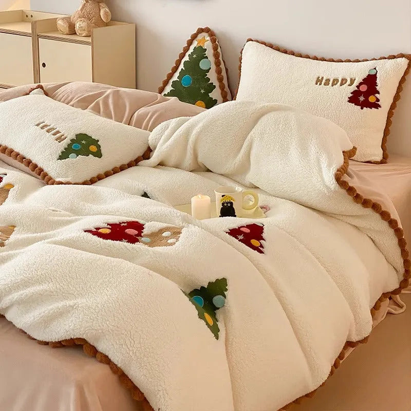 Bright yellow fleece-lined bedding set with embroidered cartoon Christmas trees on duvet cover and pillows.
