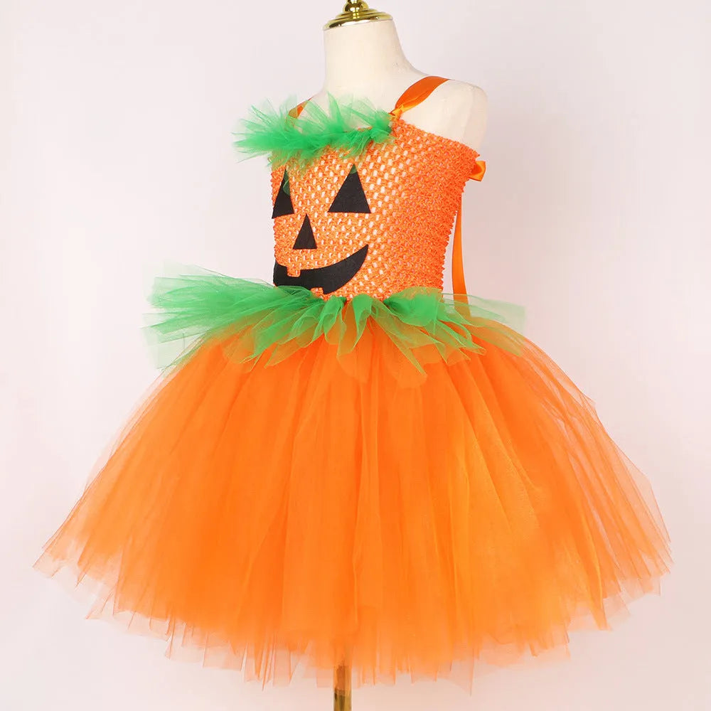 Girls' Halloween pumpkin skirt and hat set in nylon, princess dress style, cartoon element