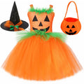 Girls' Halloween pumpkin skirt and hat set in nylon, princess dress style, cartoon element