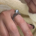 Adjustable opening copper ring with geometric design in black pearl colour for women