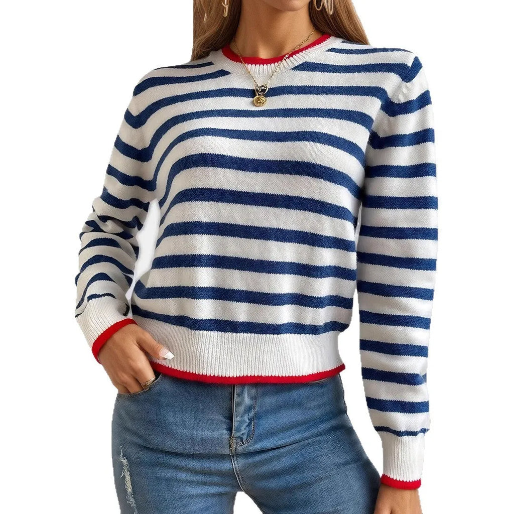 Sapphire Blue striped knitted pullover with contrast colour detailing and round neck