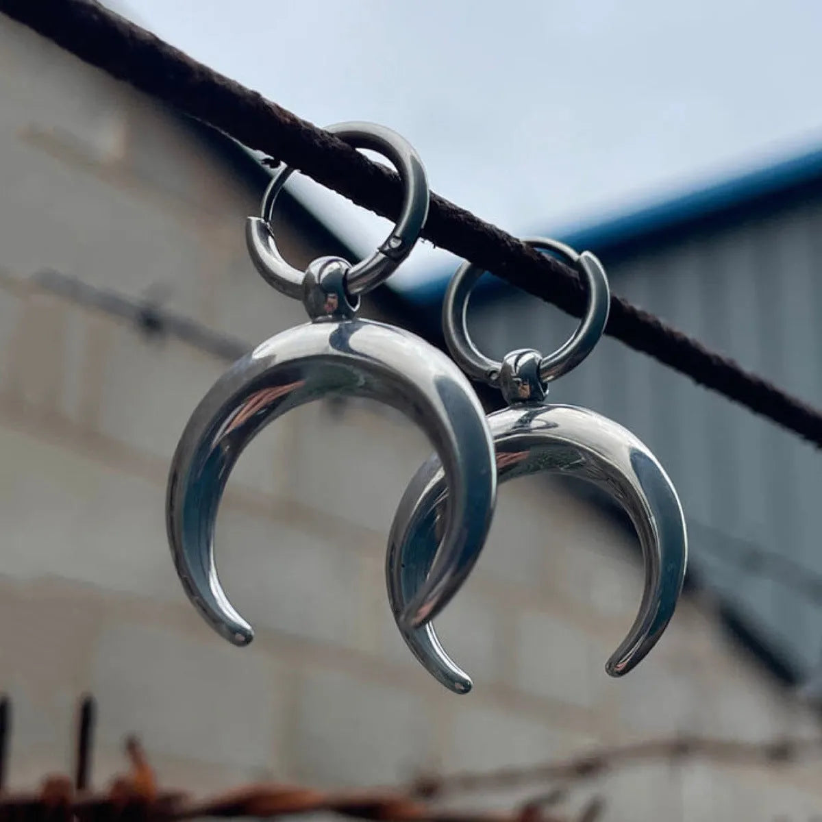 Silver electroplated big hoop earrings with geometric shape and moon element, vintage gothic punk jewellery