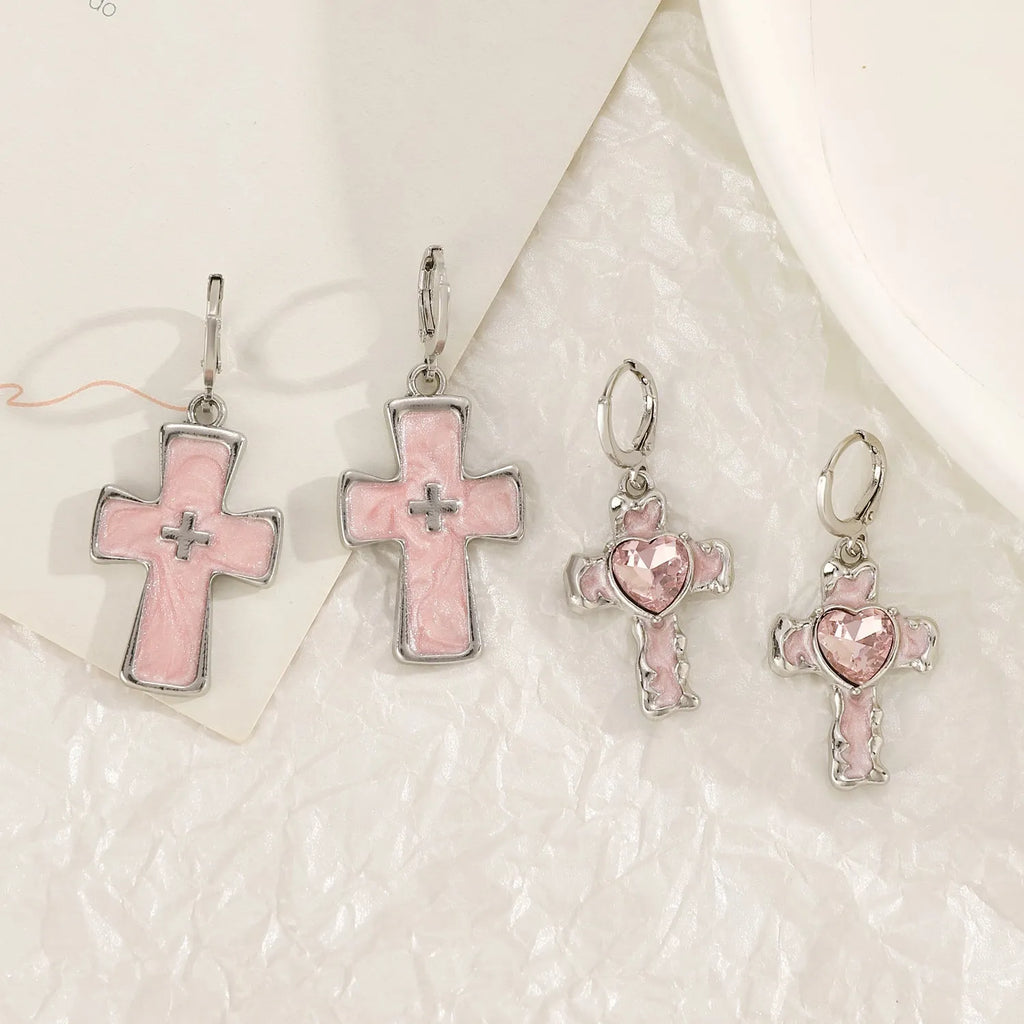 Women's classic cross crystal alloy earrings showing five colour options with cross and heart design elements
