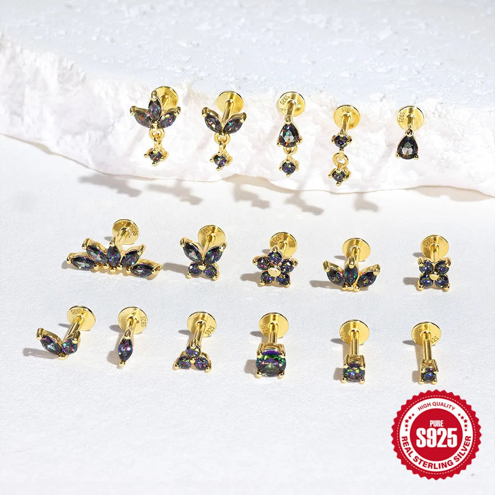 S925 sterling silver flat head thread piercing earrings with geometry rainbow stone in gold colour