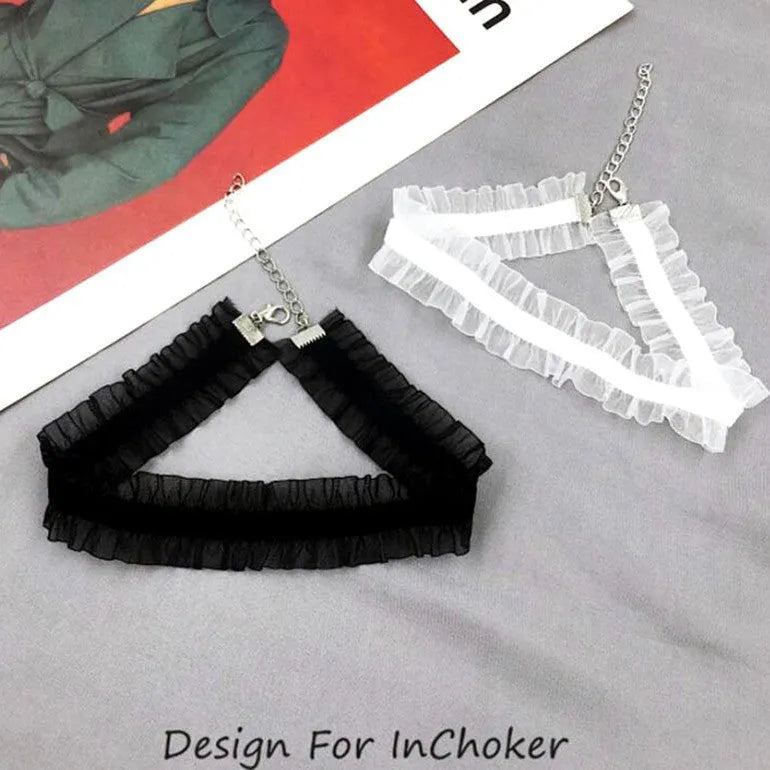 Velvet-ruffled clavicle necklace with floral pendant on adjustable snake bone chain