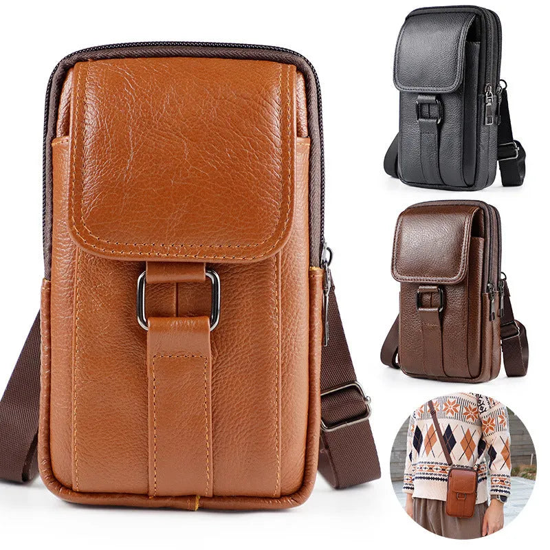 Black genuine leather men's waist bag with a lock, shown as a crossbody bag.
