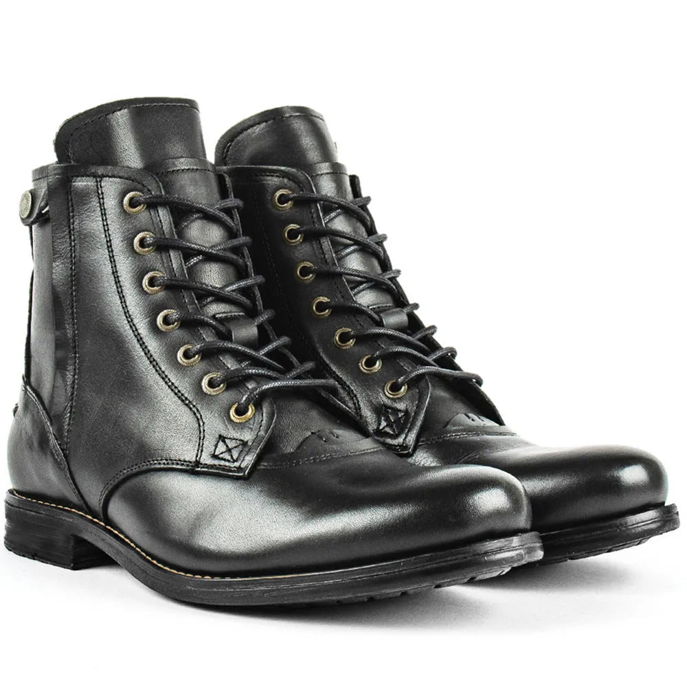 Men's black and brown two-tone leather boots with a side zipper and low heel.