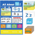 Alphabet learning sleeve table chart with letter cards, word cards, and picture cards displayed.