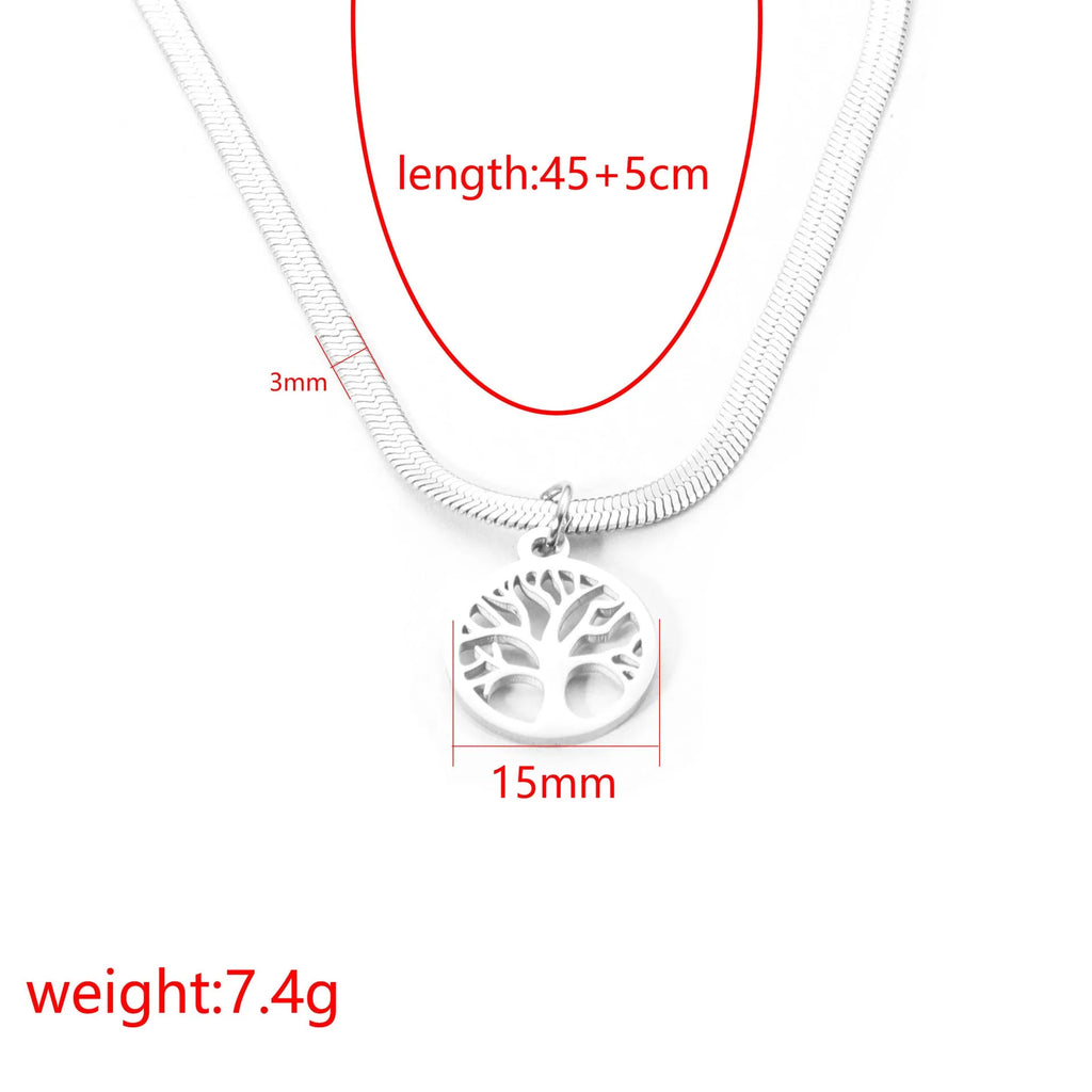 Stainless steel adjustable lucky tree necklace with a snake bone chain on a white background.