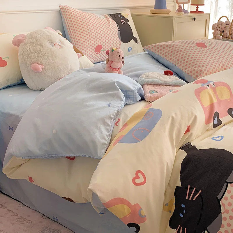 Cartoon dog print on a pure cotton duvet cover and pillowcase from a four-piece bedding set.