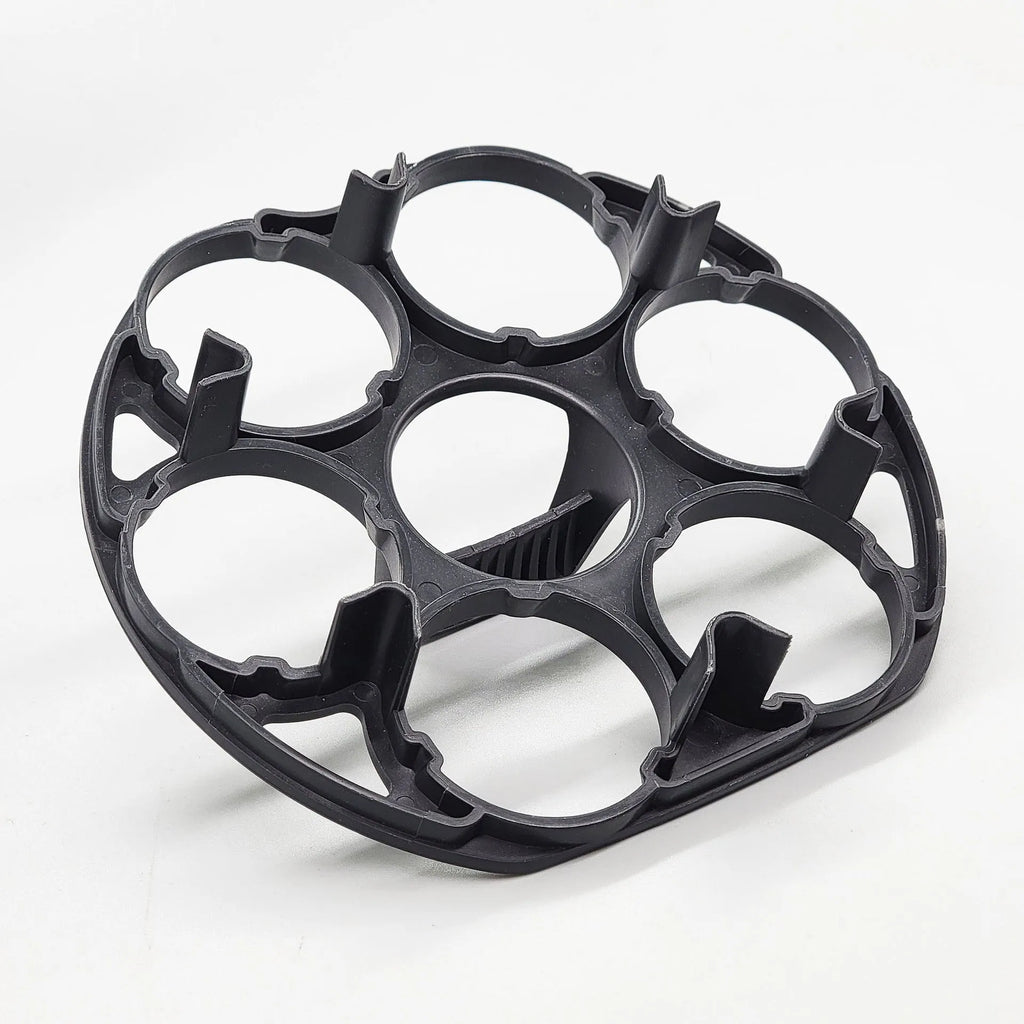 Black plastic egg holder basket with retainer function, dimensions 13.8 x 12.6 x 5.7 cm