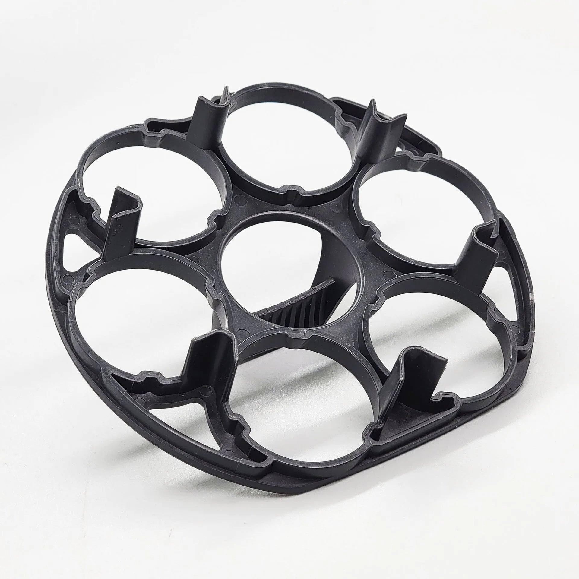 Black plastic egg holder basket with retainer function, dimensions 13.8 x 12.6 x 5.7 cm