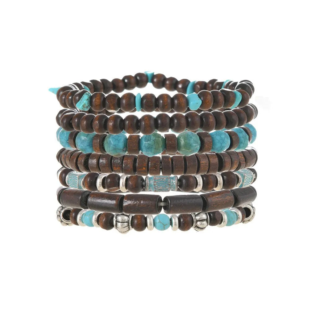 Seven retro bracelets with stone and wooden beads in multicolour set