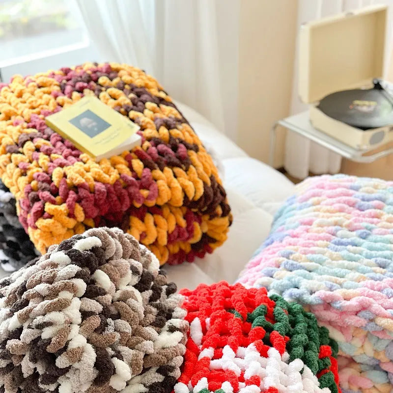 Handmade chenille cover blanket with thick ice bar stripe pattern in a choice of four colours.