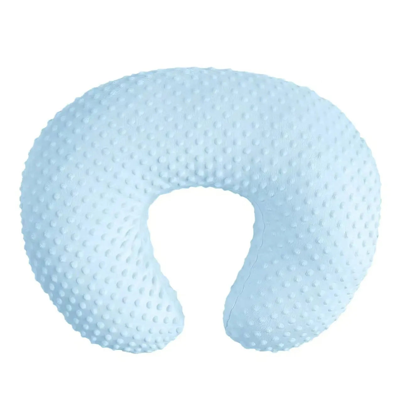 Grey nursing pillow with curved shape for feeding and spill prevention.