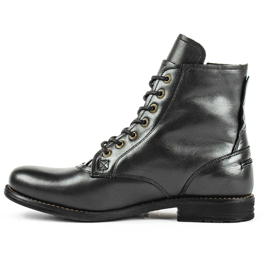 Men's black and brown two-tone leather boots with a side zipper and low heel.