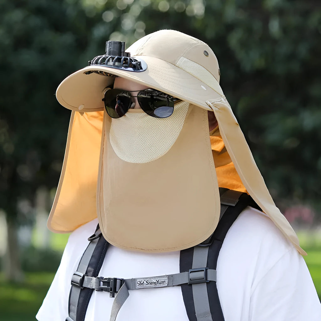 Men's khaki sun hat with built-in USB fan, face covering, and extended neck protection shawl.