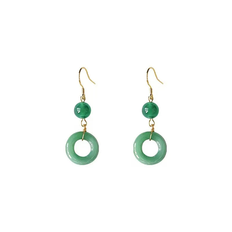 Green and gold Chinese style earrings with cheongsam peace buckle design in geometric shape