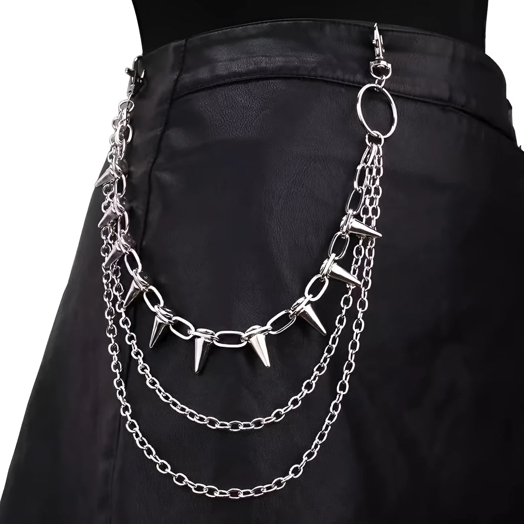 Silver metal double layer pants chain with rivet detailing for dark punk fashion 115cm length