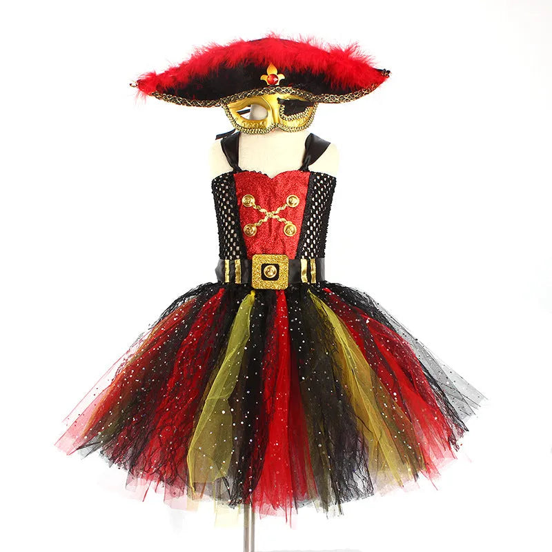 Girls pirate Halloween costume dress with sequin and lace decoration on sleeveless nylon dress