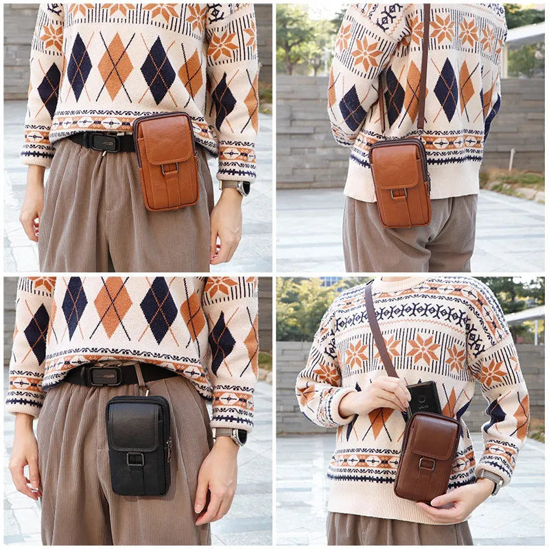 Black genuine leather men's waist bag with a lock, shown as a crossbody bag.