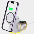 C16 portable magnetic folding three-in-one wireless charger in black or ivory white showing folded and unfolded positions