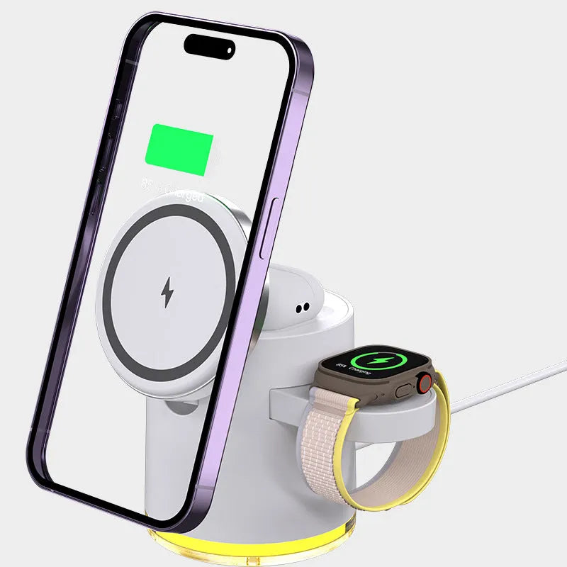 C16 portable magnetic folding three-in-one wireless charger in black or ivory white showing folded and unfolded positions