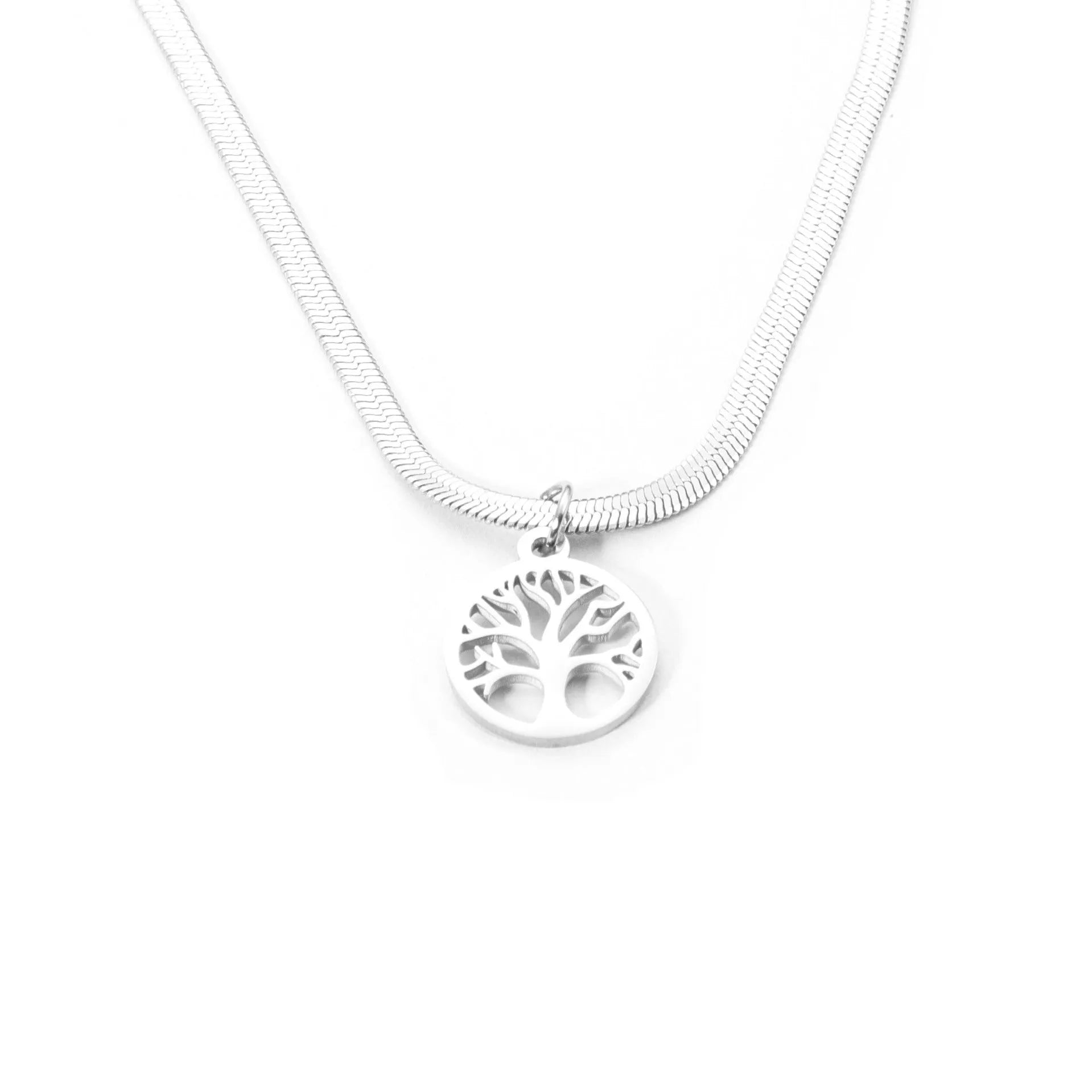 Stainless steel adjustable lucky tree necklace with a snake bone chain on a white background.