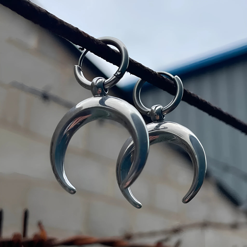 Silver electroplated big hoop earrings with geometric shape and moon element, vintage gothic punk jewellery
