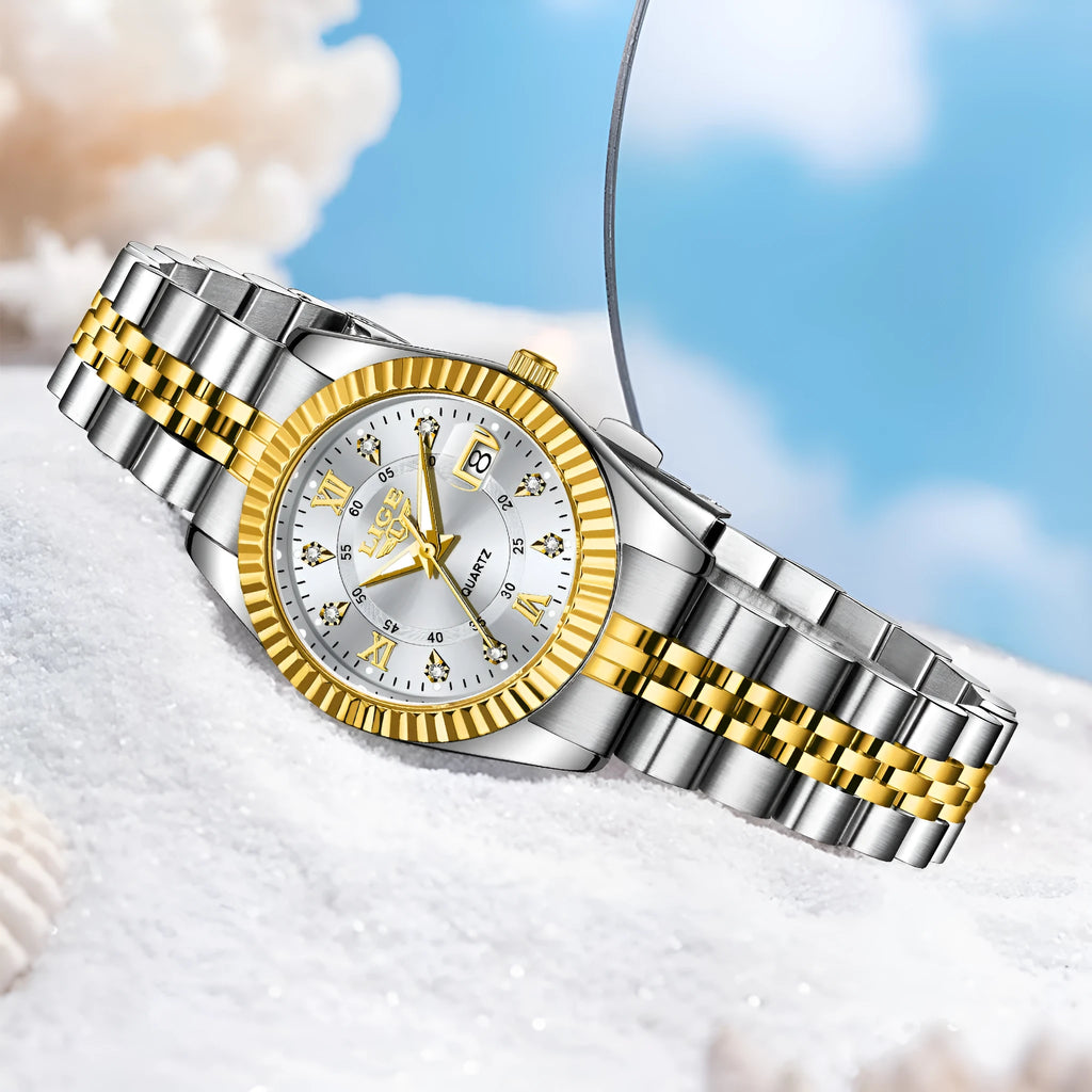 Slim gold and silver ladies quartz fashion watch with multiple dial colour options on a wrist.