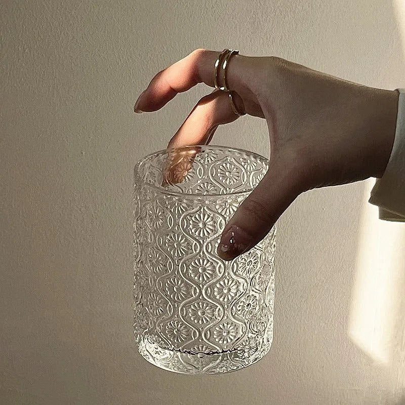 Begonia patterned sodium calcium glass drinking cup in 360ml and 250ml sizes with wide mouth
