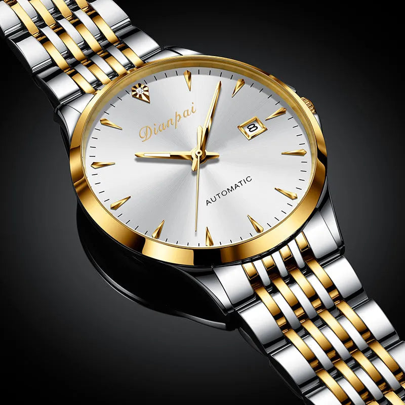 Men's simple dial automatic watch in stainless steel on wrist, showing golden black colour option.