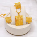 Golden bridal jewellery set with copper necklace, earrings, and ring for wedding occasions