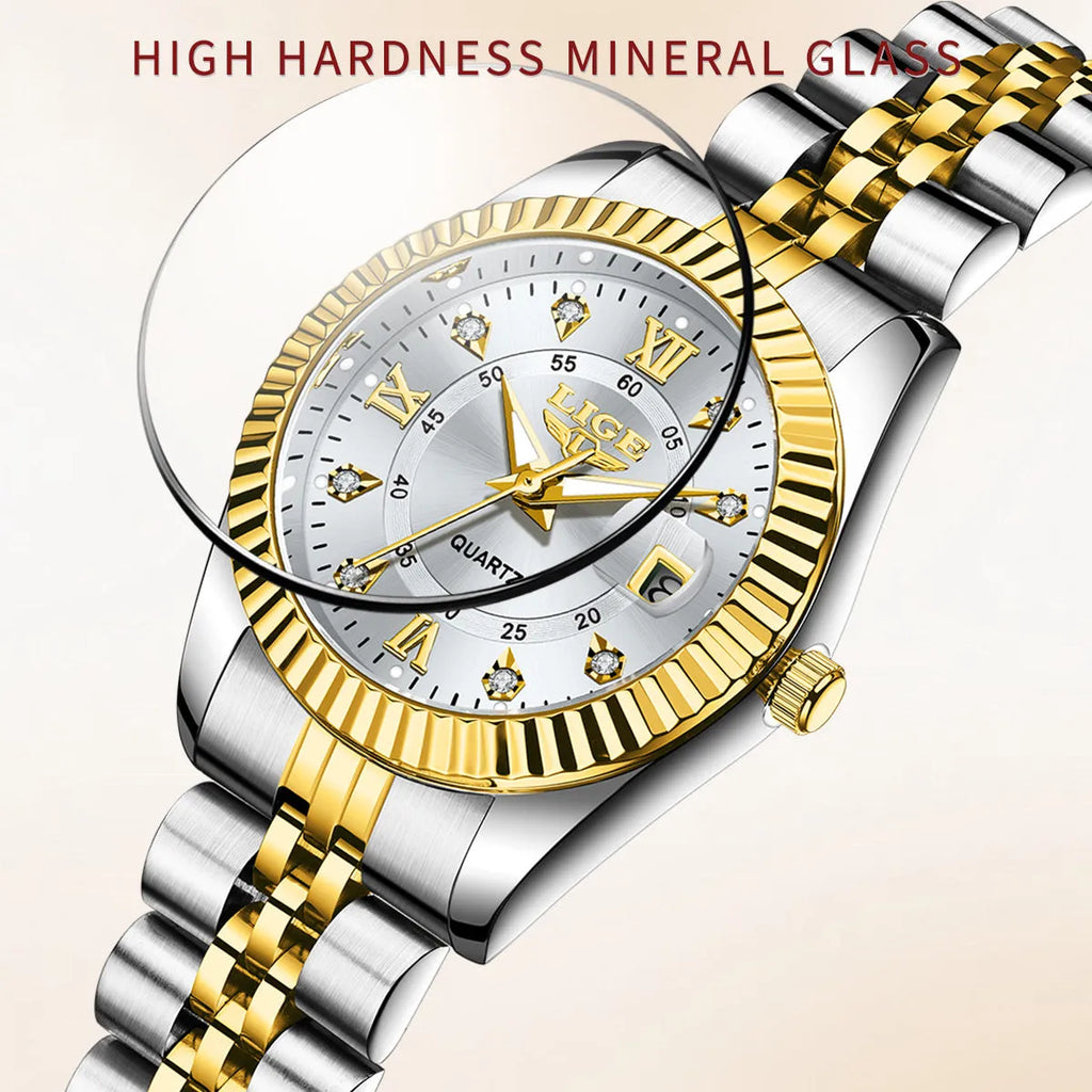 Slim gold and silver ladies quartz fashion watch with multiple dial colour options on a wrist.