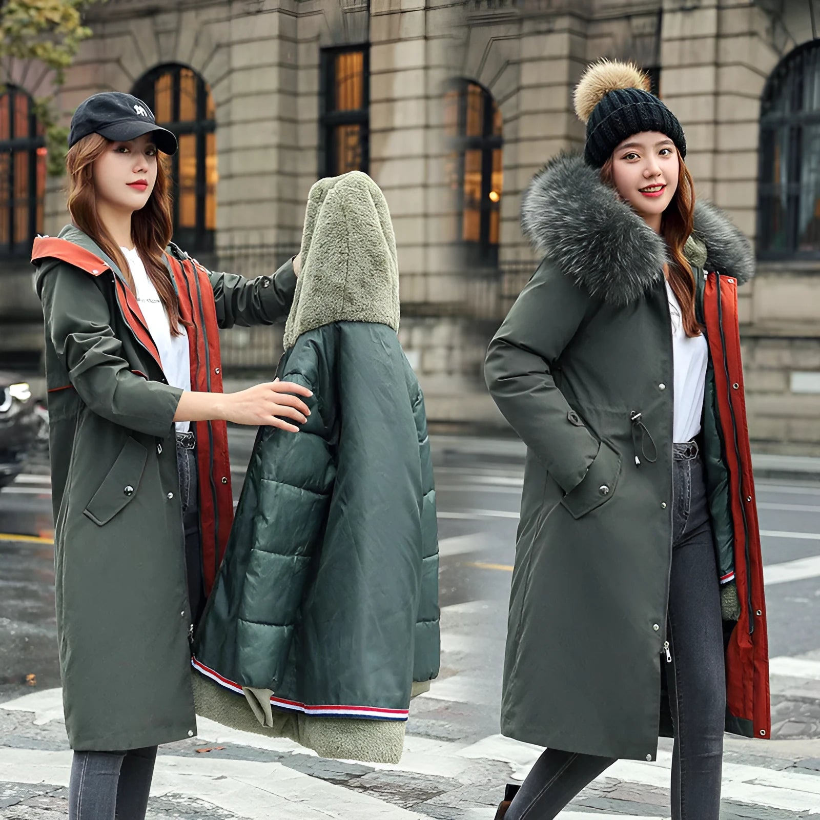 Women's long beige trench coat with two-way zip and cotton padding, shown in extended length.