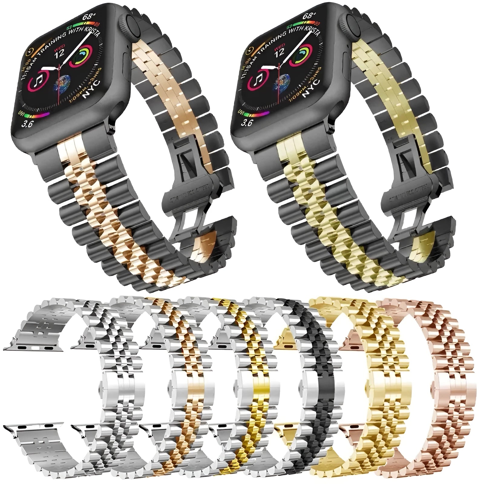 Creative all-match five-bead metal strap for Apple Watch in silver with link detail