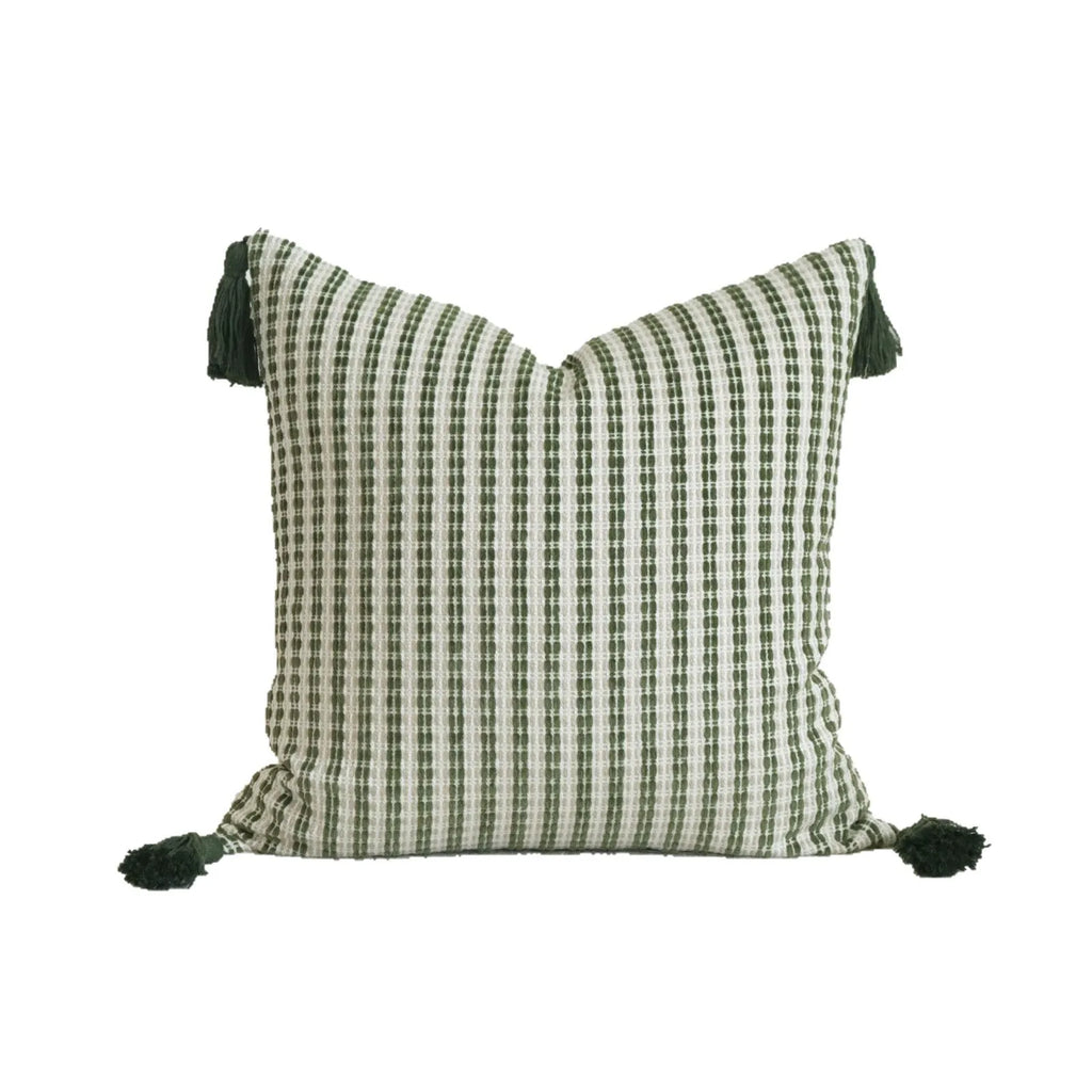Green cotton and linen hotel pillow with decorative tassels and botanical patterns, shown with pillowcase and silk floss core.
