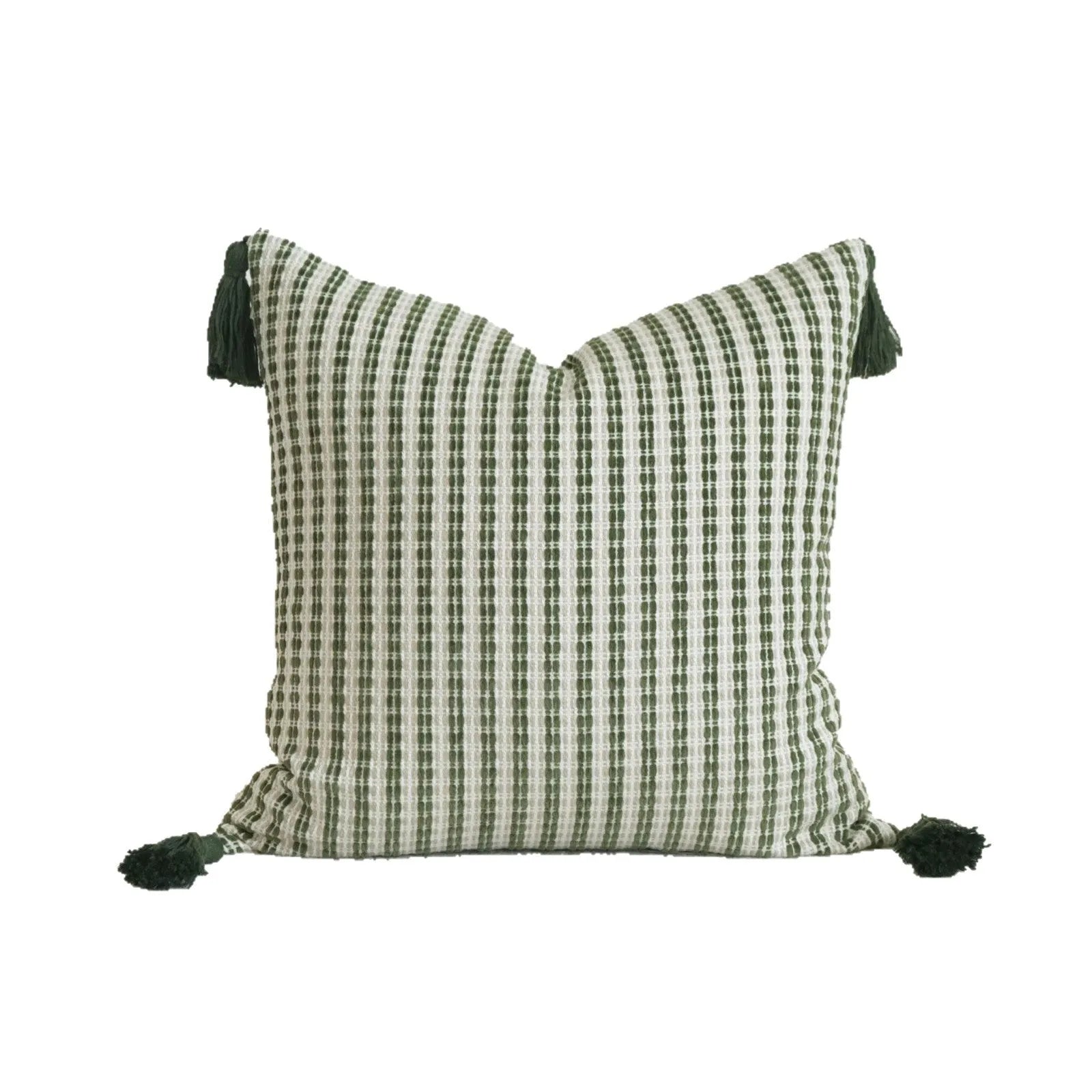 Green cotton and linen hotel pillow with decorative tassels and botanical patterns, shown with pillowcase and silk floss core.