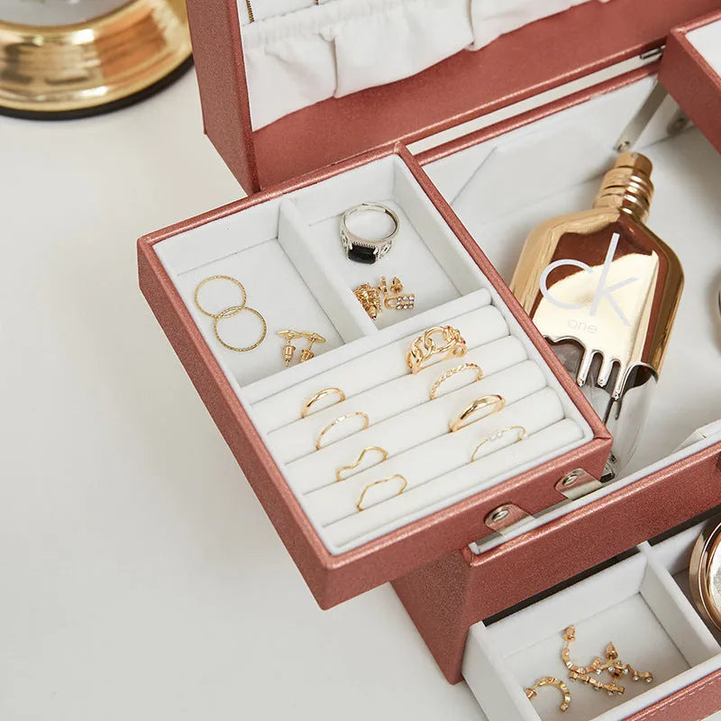 Hard PU leather jewelry storage box in beige, black, pink, or rose gold, dimensions 22.5cm x 15.5cm x 14cm.